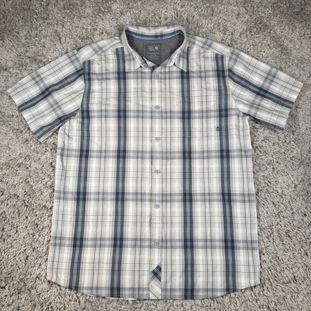 Mountain Hardwear Shirt Mens L Gray Blue Plaid Short Sleeve Outdoor Camp Hiking